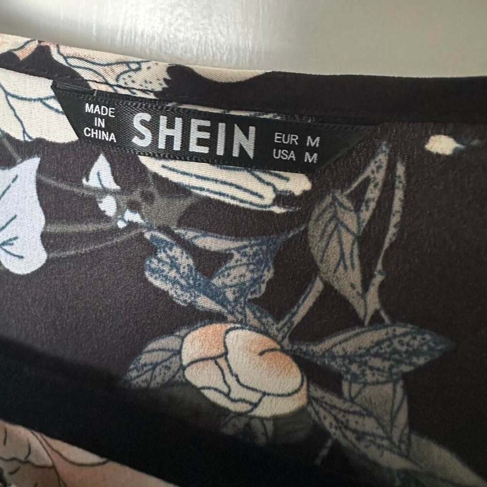 SHEIN Black Floral Tie Front Long Sleeve Blouse - Picture 2 of 2